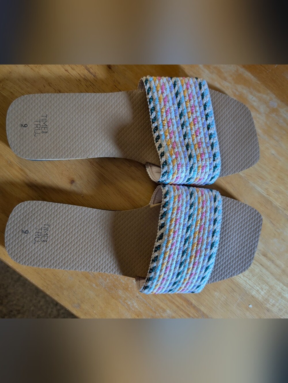 Time and Tru Multicolor Braided Strap Tan Slide Sandals